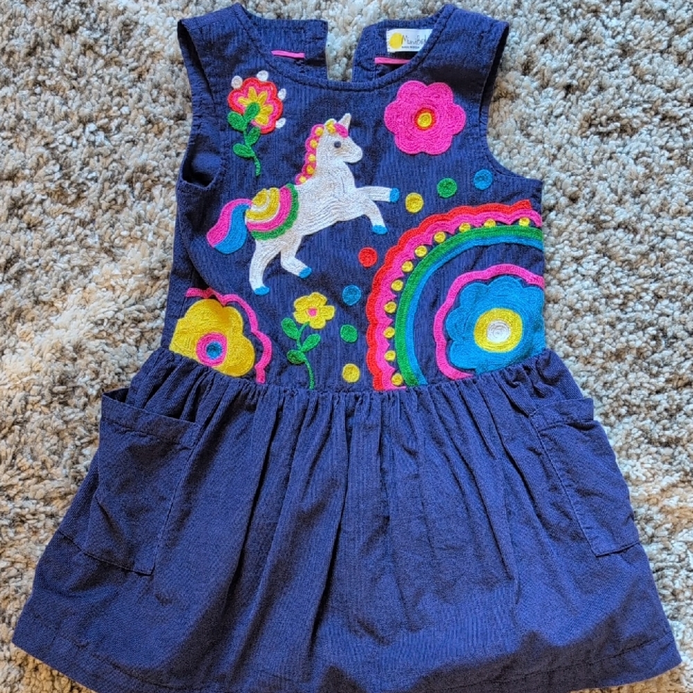 Mini Boden Blue Dress with Colorful Unicorn Design